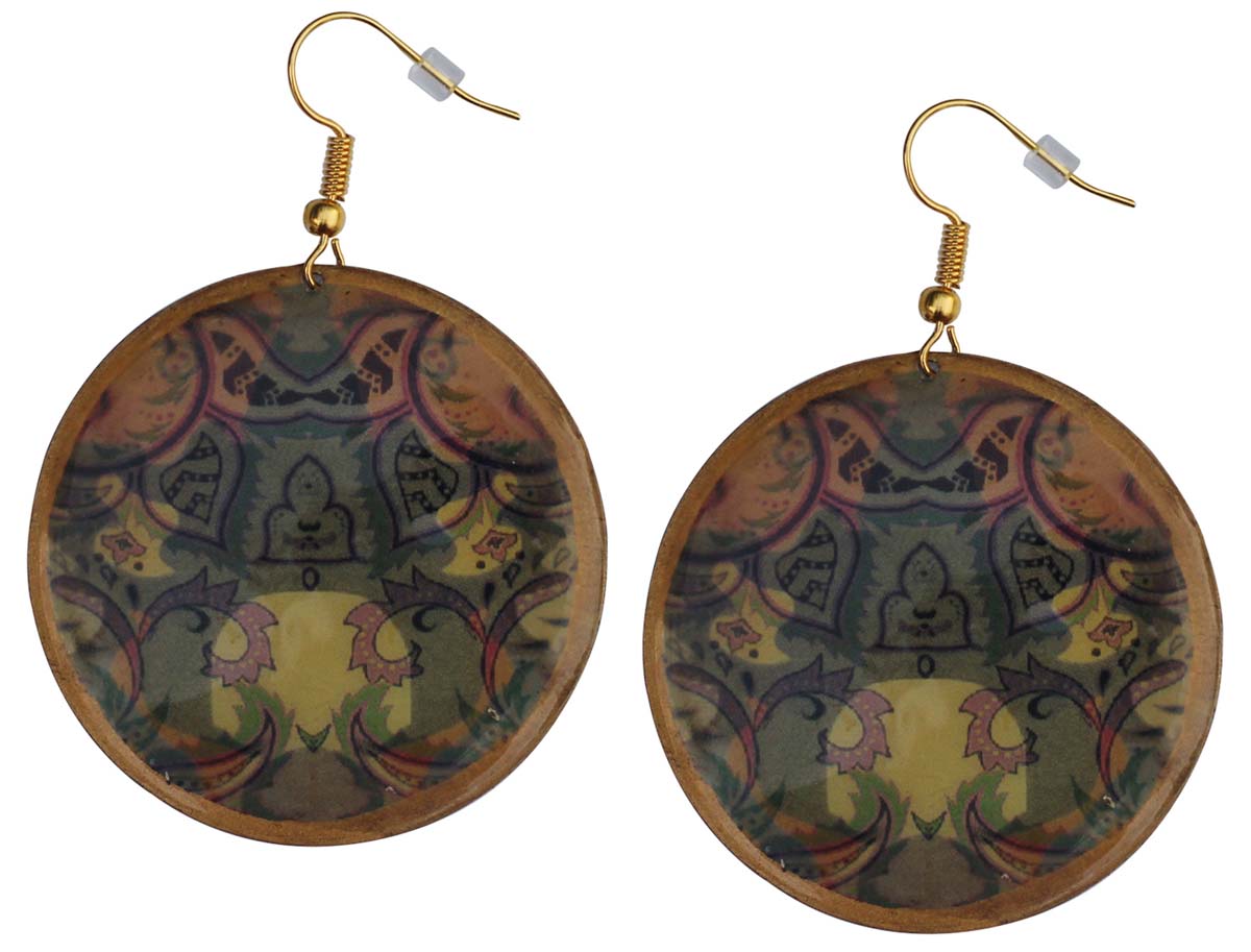 2.5” Pair of Round Hook Earrings in Brass -Colorful Fern Pattern - Drop Earrings / Women Fashion Jewelry - Buy in Bulk Wholesale